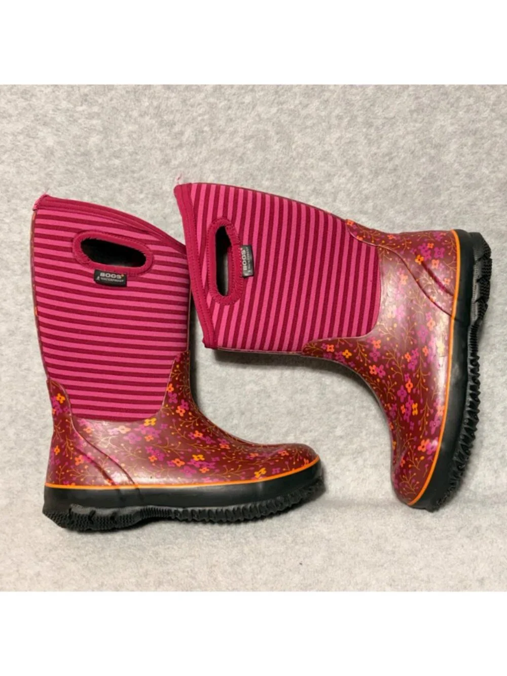 Bogs Boots Kids Sz 5 Classic Pink Flower Stripe Waterproof Winter Snow -30°F